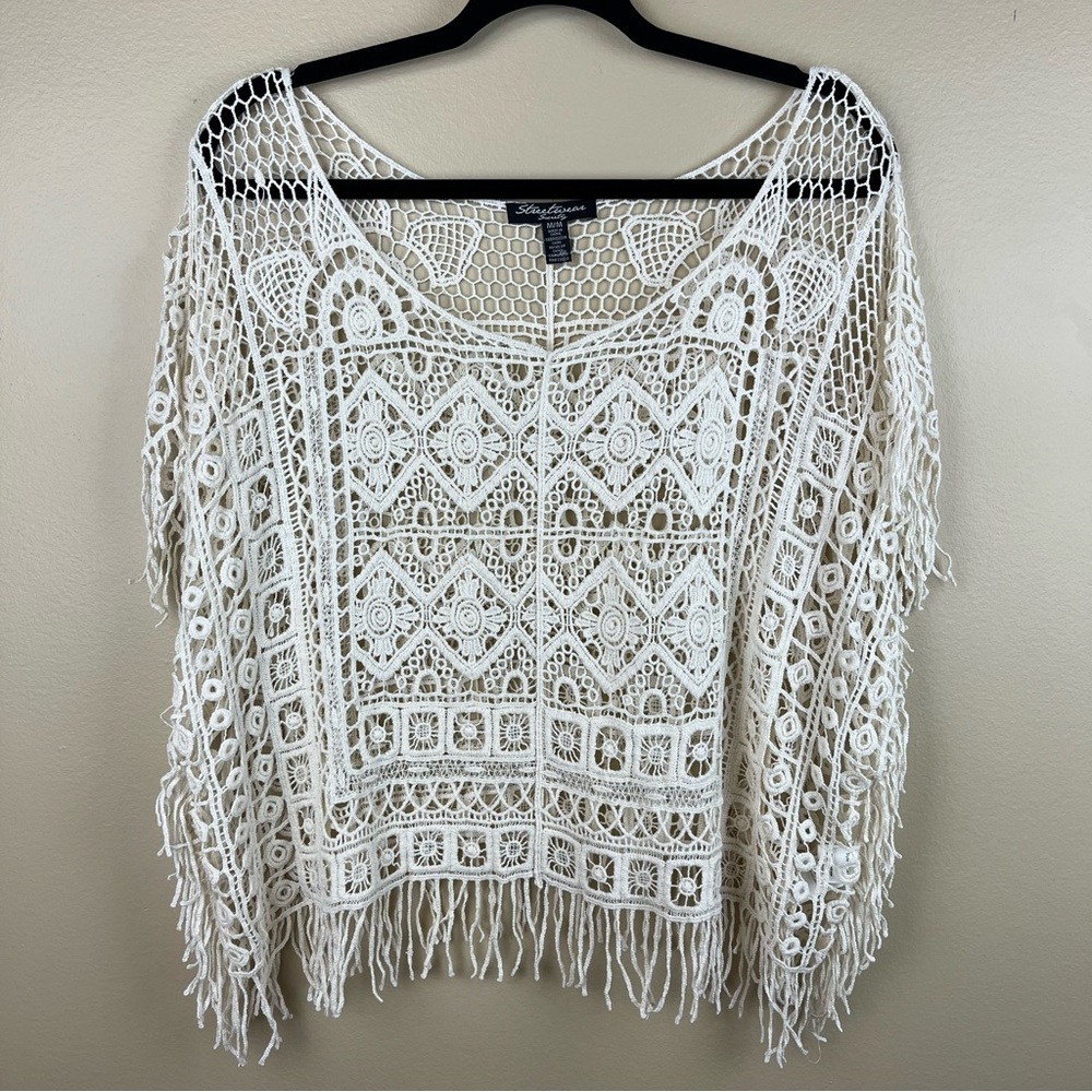 Streetwear Society Off-White Crochet Top with Fringe, Bohemian Festival SZ M